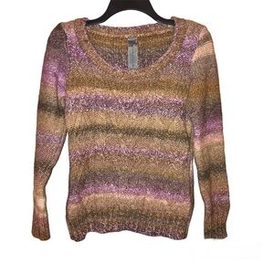 Anthropologie‎ Elsamanda Italian Wool Cable Knit Striped Sweater Brown Purple M